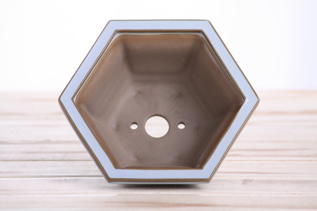 Hexagonal Windowed Semi‑Cascade Bonsai Pot 5 Inch – Ceramic Bonsai & Succulent Planter with Detailed Rim, High‑Fired Frost‑Proof Stoneware, Handmade in USA (Glacier)